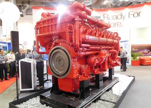 The (non-marinized) QSK95 'Hedgehog' engine on display at Asia Pacific Maritime in Singapore, 16-18 March