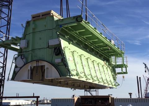The A-frame of the MAN B&W ME-GI engine was hoisted into place by Halter's 500-tonne cranes