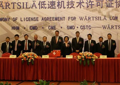 From left to right: Zhang Haisen, GM CME; Shao Yu, deputy GM CMD; Qin Wenquan, GM HHM; Andrew Stump, business manager - merchant ship power, Wärtsilä China; Urs Huwiler, license director Wärtsilä China; Martin Wernli, president Wärtsilä Switzerl...
