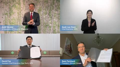 Virtual signing ceremony at the Smart Port Challenge 2021: Antti Vänskä, Ambassador of Finland to Singapore; Quah Ley Hoon, Chief Executive, MPA; David Foo, Assistant Chief Executive (Ops-Tech), MPA; Sean Fernback, President, Wärtsilä Voyage.