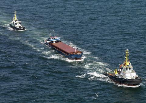 The ‘Janina’ under tow by Multraship tugs, July 2010 (Sky Pictures)