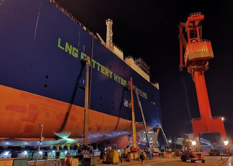 UECC's first LNG battery hybrid PCTC being prepared for launch in Shanghai Photo: UECC