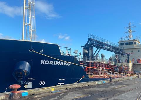 The <i>Korimako</i> began deliveries of IMO-compliant low-sulphur fuel at Port of Tauranga in May. (credit: ExxonMobil)