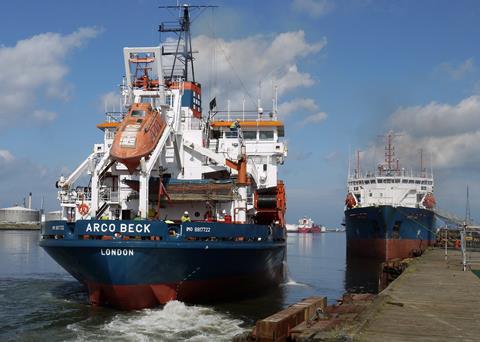 Dredger 'Arco Beck' owned by Hanson Aggregates Marine, leaves A&P's Tees yard following major refurbishment work after a two year layup