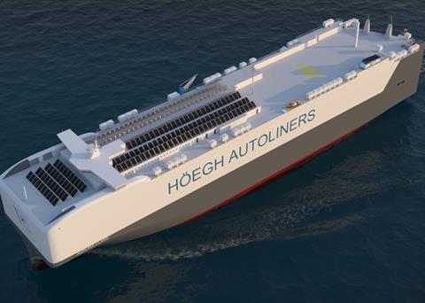 The new Aurora Class-design also features strengthened decks and enhanced internal ramp systems and enables EVs on all decks. (credit: Höegh Autoliners)