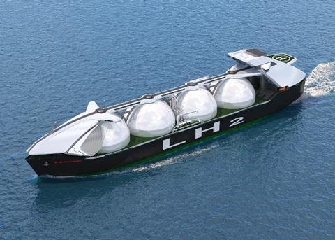 A rendering of a large LH2 carrier featuring four x 40,000cbm containment tanks. (credit: Kawasaki)