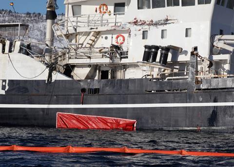 Holed Norwegian trawler refloated with Miko patch visible