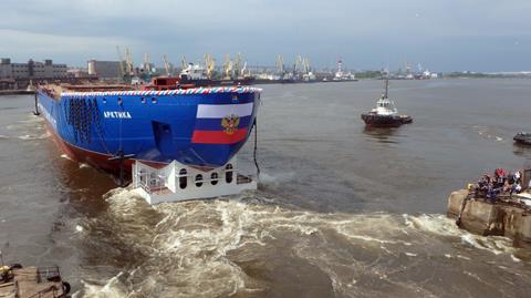 'Arktika', the world's biggest and most powerful icebreaker, on its launch at Baltiysky Zavod shipyard in St Petersburg
