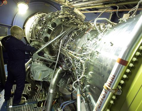 A Rolls-Royce MT30 gas turbine undergoes testing on the test bed in Filton, Bristol, UK