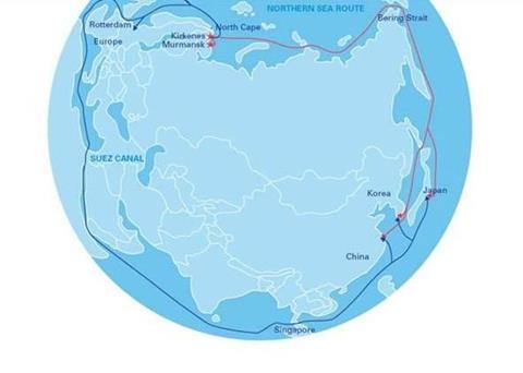 Map showing savings using the Arctic route