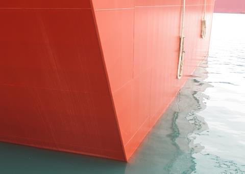 A clean waterline on a drill ship newbuilding at DSME, after a seven-months outfitting period following application of Sigma Nexeon 750