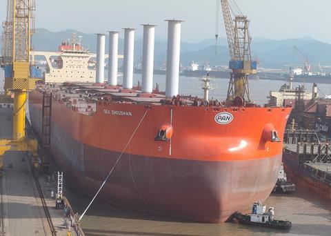 Norsepower’s first installation of its tiltable Rotor Sails on board a bulk carrier Photo: Norsepower