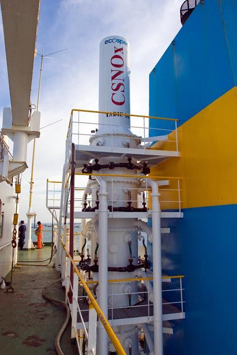 One way of meeting the Tier III limits is the installation of exhaust gas after-treatment – this scrubber system, developed by Ecospec and endorsed by Wärtsilä, is said to effectively reduce NOx and CO2 as well as SOx emissions