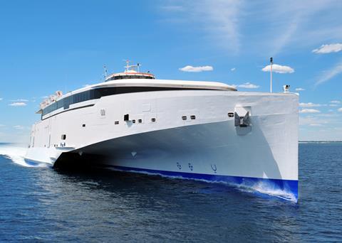Austal’s second generation trimaran features a straight stem designed to maximise the vessel’s waterline length