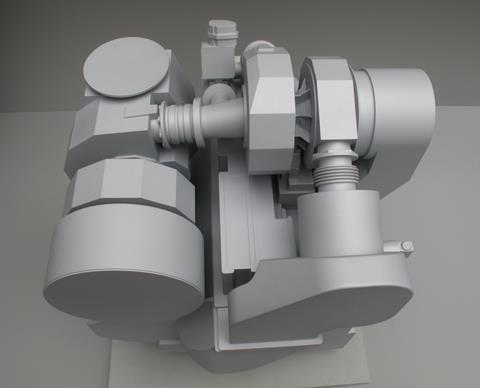 Model illustrating the compact architecture of MAN two-stage turbocharging with intermediate cooling