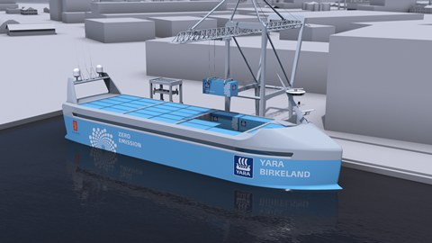 A potentially seminal development, the zero-emission Yara Birkeland.