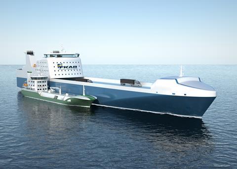 Illustration showing example of LNG bunker vessel refuelling LNG powered roro vessel