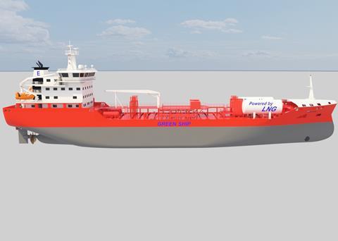 Essberger's new China-built parcel chemtankers will have LNG DF engines with tanks on deck.