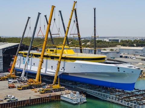 <i>Bajamar Express</i> pictured pre-launch during the fitting of the superstructure (credit: Austal).