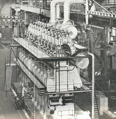 The first 850mm-bore Gotaverken engine, a 10-cylinder unit rated at 21,000 bhp, on test at the factory