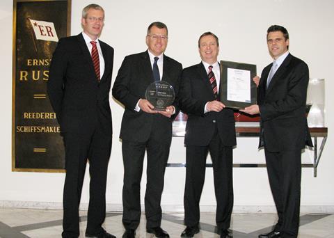 (Lleft to right): Dirk Lange, Germanischer Lloyd, Stefan Bülow, Reederei Ernst Russ, Jan Stahmer, Reederei Ernst Russ, and Matthias Ritters, Germanischer Lloyd, at the presentation of the ‘GL Excellence - 5 Stars’ certificate.