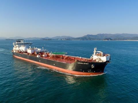 The 130,000dwt <i>Aurora Spirit</i> is the world's first dual-fuel LNG shuttle tanker, and is expected to achieve a 50% reduction in CO2 emissions compared with conventional shuttle tankers. (Credit: Teekay Offshore)