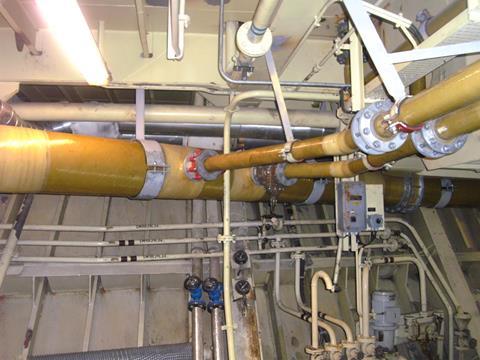 Some of the new glass fibre piping installed in the engine room