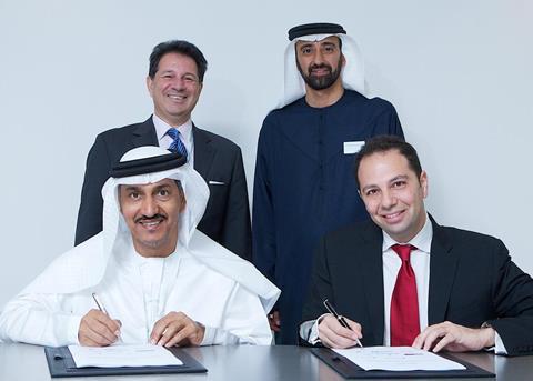 Signing to MoU: back row (left to right): Tarek Ragheb, chairman De Birs, Homaid Al Shemmari, chairman, ADSB; front row (left to right): Mohamed Salem Al Junaibi, CEO, ADSB & Rady W. Fahmy, senior director and board member, DeBirs