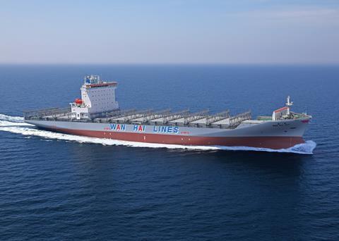 One of the previous series of 3,055TEU boxships from Nihon Shipyard/JMU, the March 2021-delivered Wan Hai 327 (credit: Wan Hai Lines).