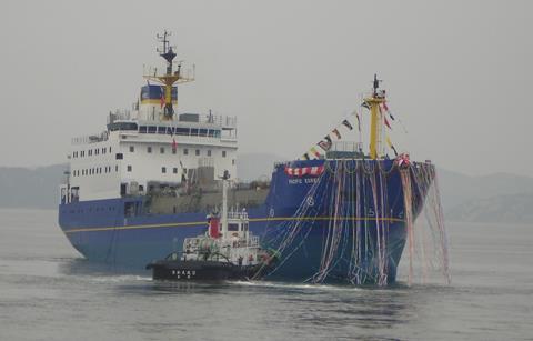 The launch of Pacific Egret at Mitsui’s Tamano shipyard