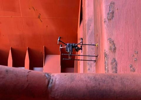 Airborne drone conducting ultrasonic thickness measurements inside the hold of a bulk carrier Photo: Bureau Veritas