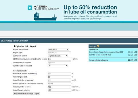 Maersk Fluid Technology's calculator highlights potential savings from using its blend-on-board cylinder lubrication system