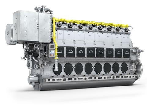The MAN 51/60DF engine is a dual-fuel engine that converts liquid fuel (diesel operation) or natural gas into electrical power efficiently and with low emissions.