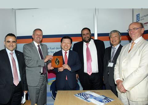 Launching the joint project: Apostolos Poulovassilis and Richard Sadler, Lloyd’s Register, J.H. Ko, DSME; Evangelos Marinakis, Capital Product Partners; Y.Y. Koh, DSME and Jerry Ventouris, Capital Maritime & Trading