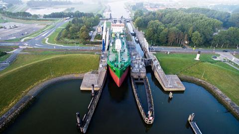 A sister vessel of <i>Thun Evolve</i>, the 7,999dwt <i>Thun Eos</i> passing through a lock. (Photo credit: Thun Tankers).