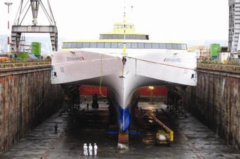 Austal built trimaran in drydock