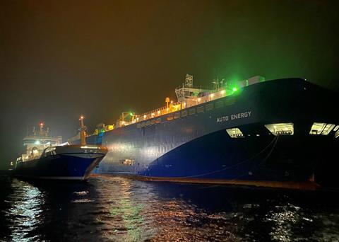 M/V ‘Auto Energy’ and LNG bunker vessel ‘Coralius’ Photo: UECC