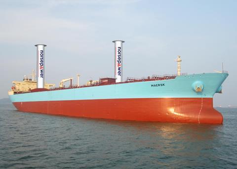 Illustration of a Maersk P-Class LR2 product tanker with two 30m x 5m Norsepower rotor sails
