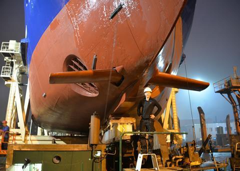 Wavefoil's fibreglass retractable bow foil solution was retrofitted to <i>MF Teistin</i> in September 2019. (Picture courtesy of Wavefoil A/S)