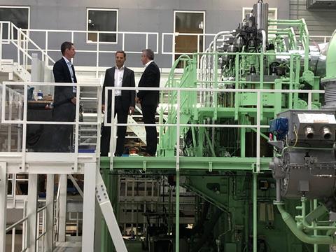 Trafigura's Rasmus Bach Nielsen, Global Head of Shipping Decarbonisation, and Jose Maria Larocca, Co-head of Oil Trading, visiting MAN Energy Solutions' test engine in Copenhagen with Brian Østergaard Sørensen, Vice President, Head of R&D Two-Stroke, earl