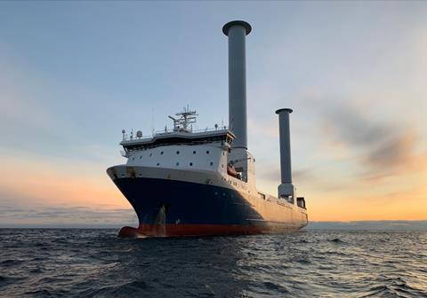 The installation on board the SC 'Connector' is said to be the world's first tiltable Rotor Sail Photo: Norsepower