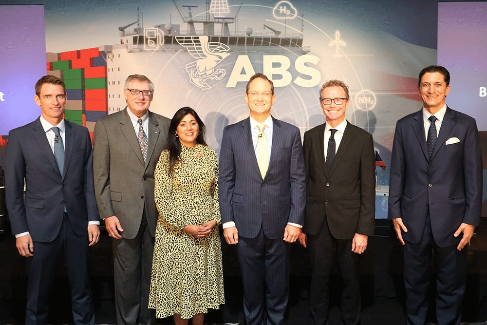 UK Maritime Minister Nusrat Ghani with Rasmus Bach Nielsen, Christopher J. Wiernicki, Andrian Dacy, Julian Bray and John Radziwill.